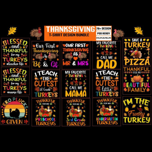 70 + Trendy thanksgiving t-shirt bundle  Thanksgiving– quotes T-shirt design cover image.