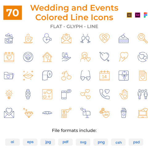 70 Wedding and Events Colored Line Icons Pack cover image.