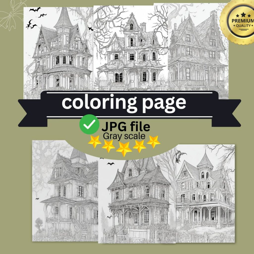 A haunted house with ghosts and cobwebs coloring page for adult 2 ...