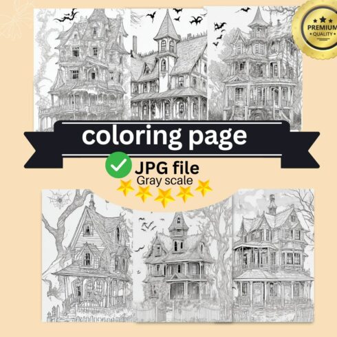 A haunted house with ghosts and cobwebs coloring page for adult 4 cover image.