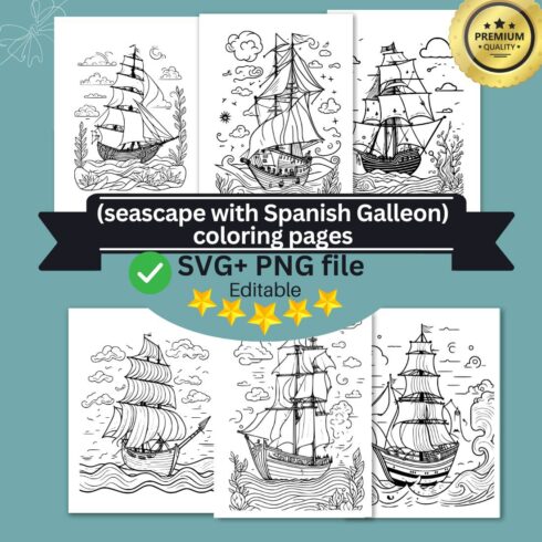 coloring pages bundle for adults drawn illustration cute doodle (seascape with Spanish Galleon) cover image.