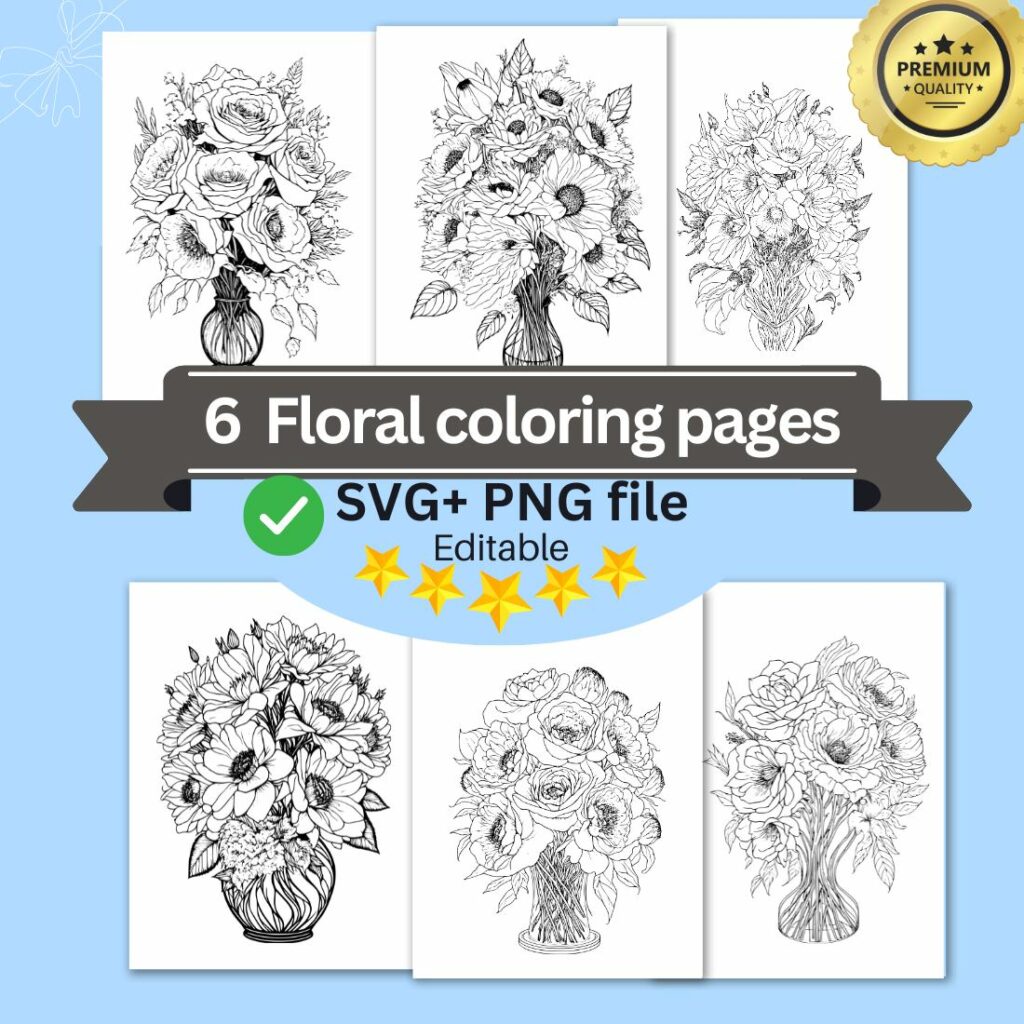 Flower Drawing Floral Coloring Pages Bundle For Adults (SVG and PNG ...