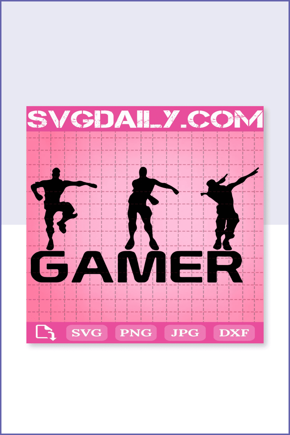 Black silhouettes of gamers in different poses on a pink background