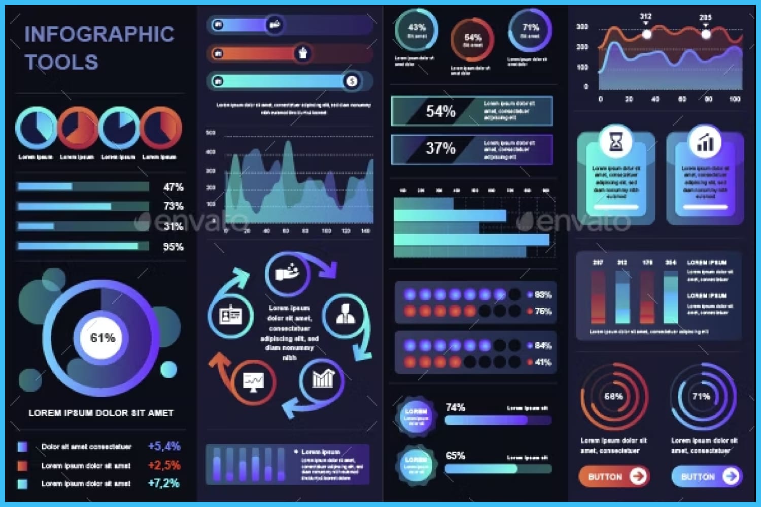 Collage of a lot of infographics in blue.