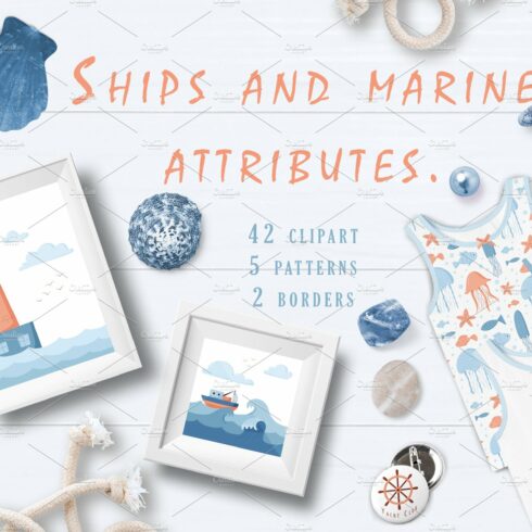 Ships and marine attributes. Vector cover image.