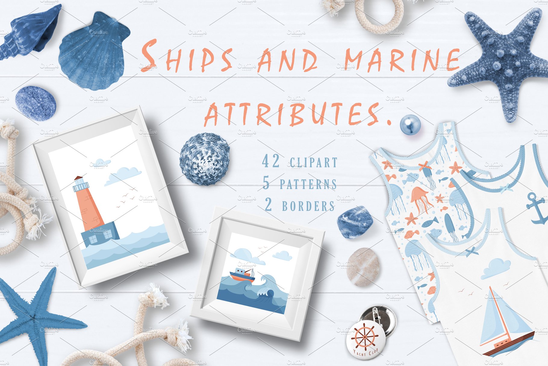 Ships and marine attributes. Vector cover image.