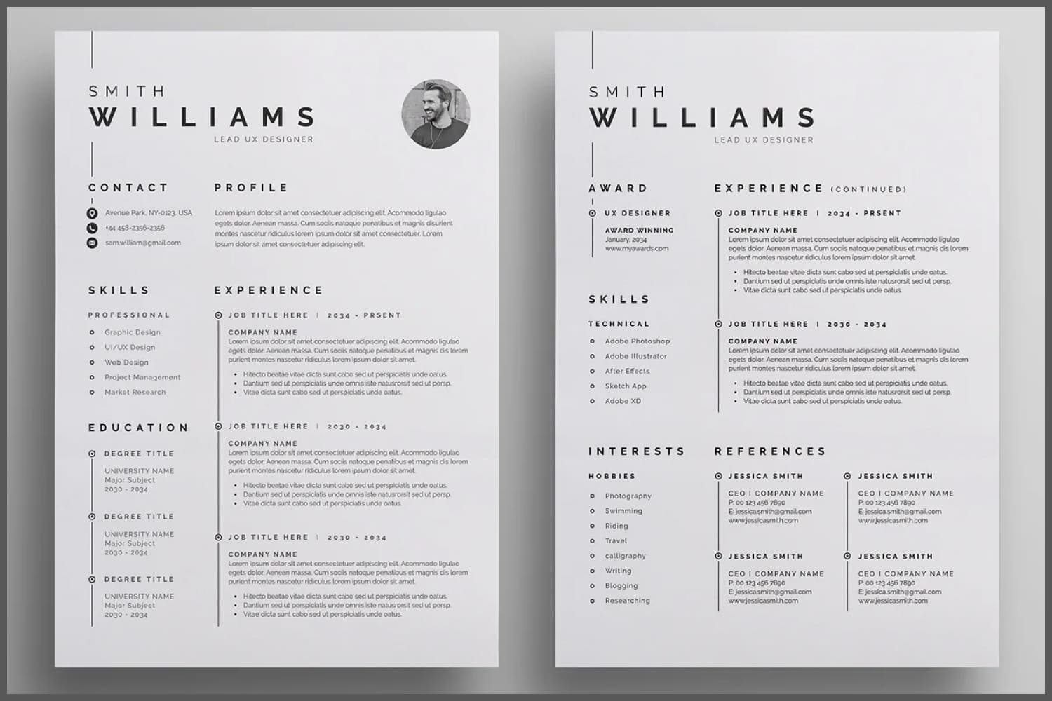 Two resume pages in gray and two columns.