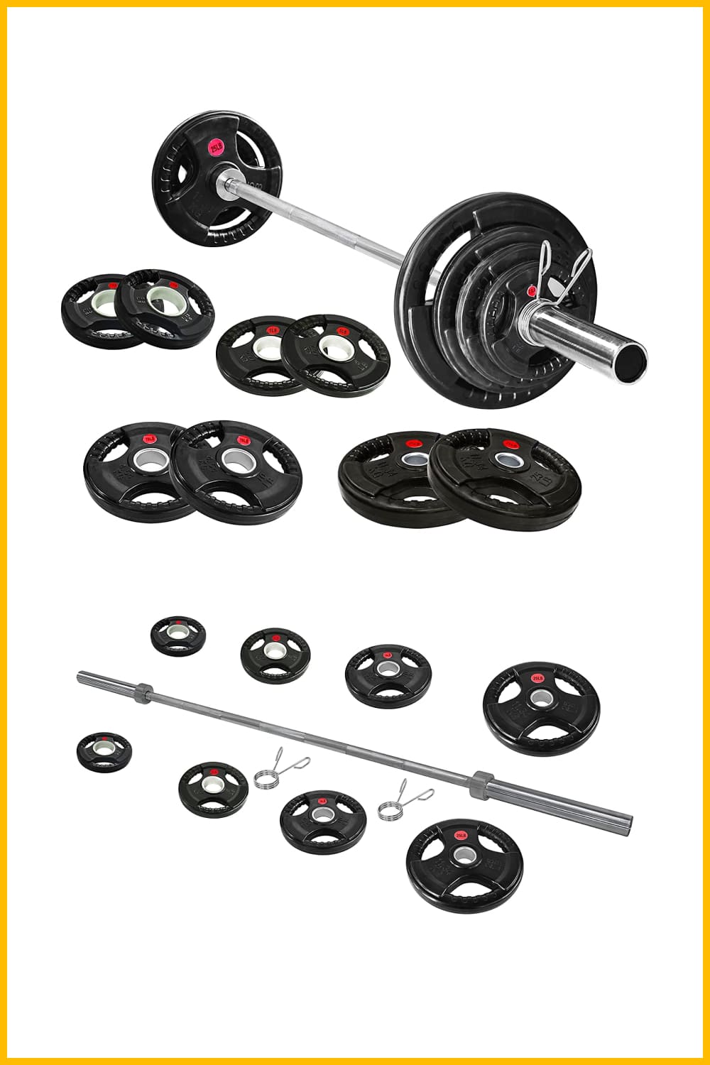 Signature Fitness Cast Iron Olympic 2-Inch Weight Plates Including 7FT Olympic Barbell.