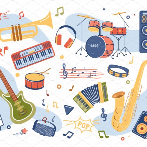 Music instruments isolated elements cover image.