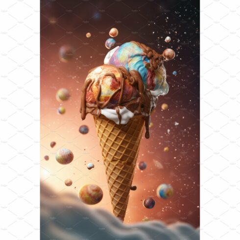 Ice cream in cone with chocolate cover image.