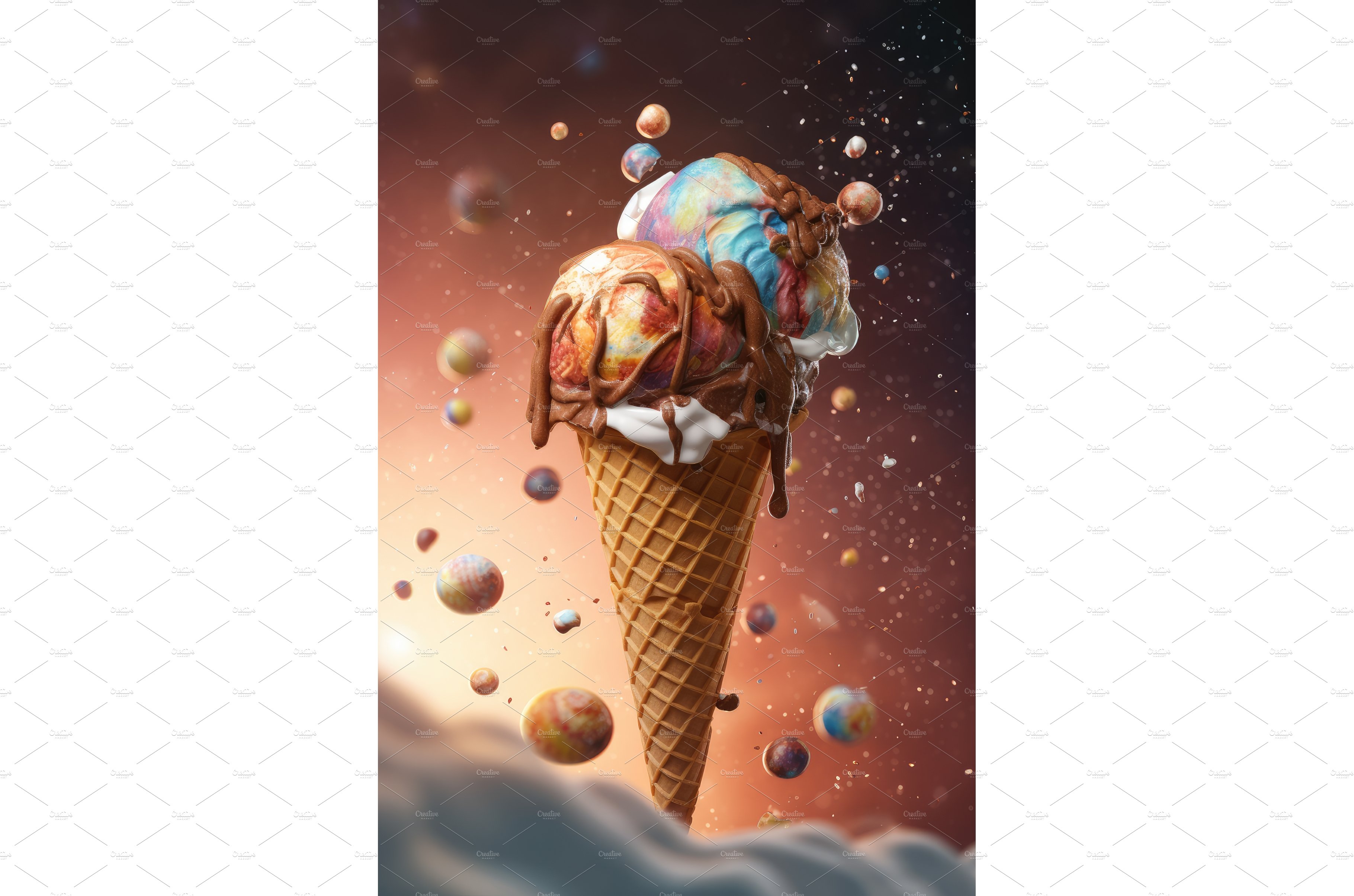 Ice cream in cone with chocolate cover image.