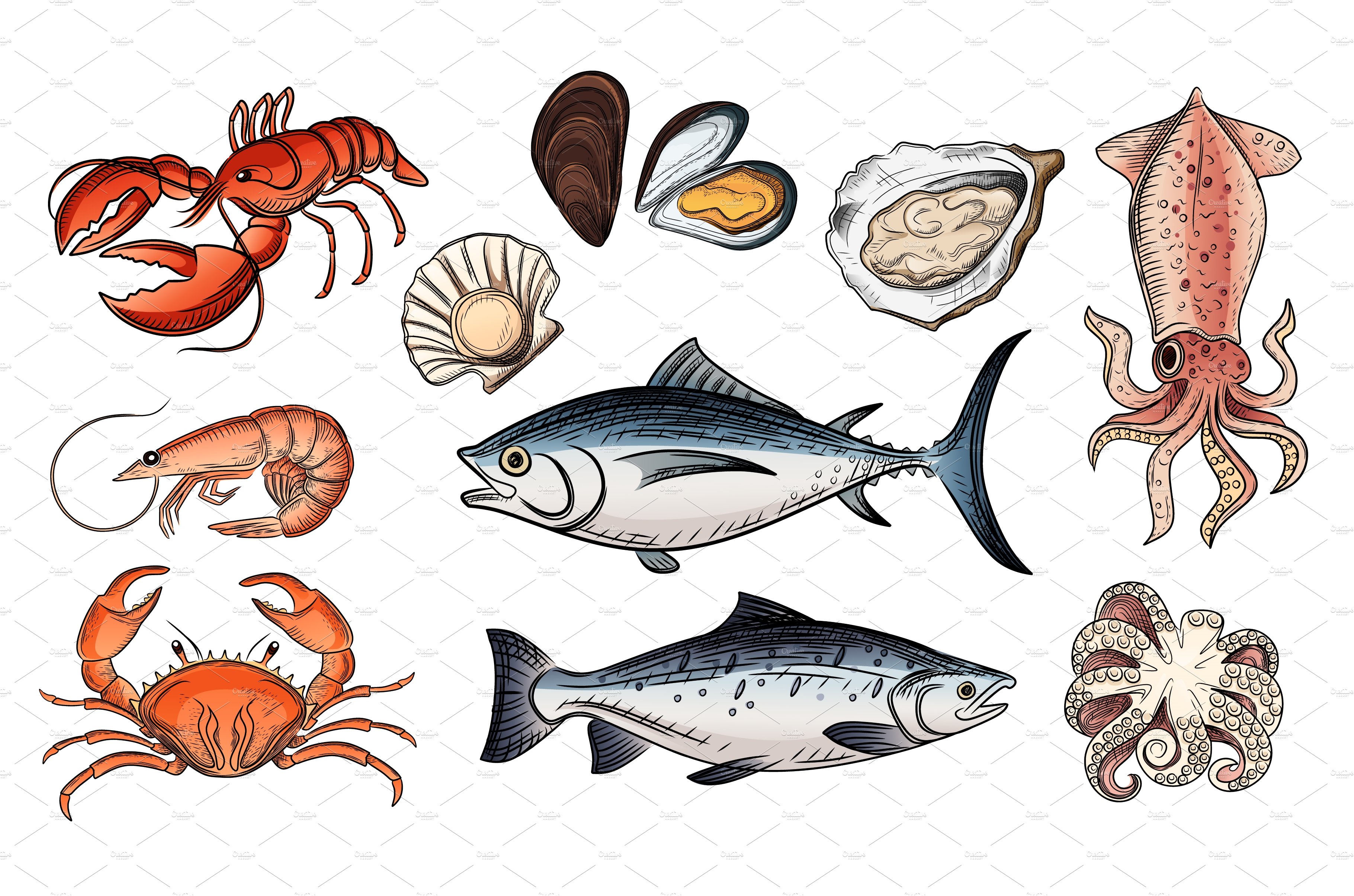 Set of seafood delicacy vector cover image.