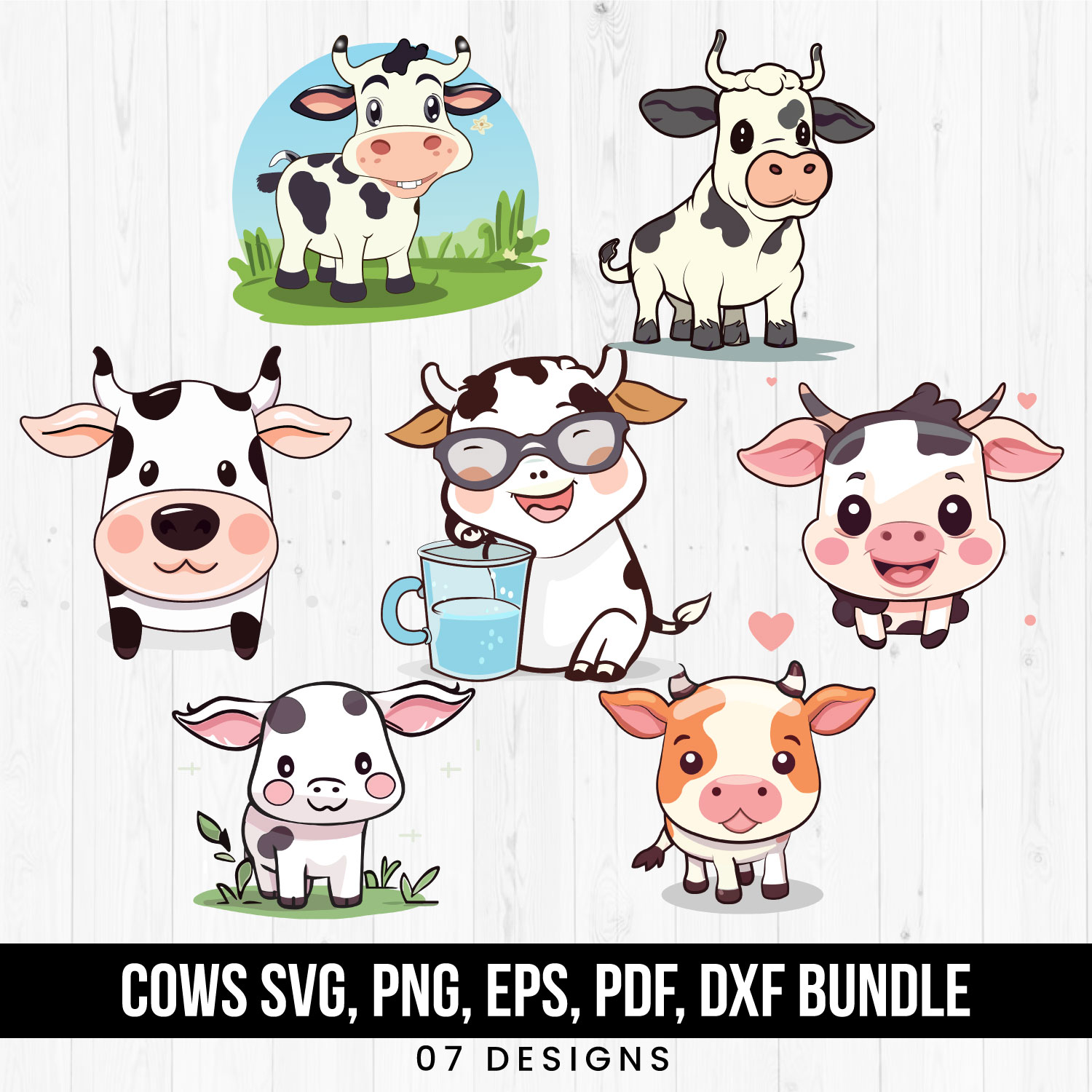 Cows Illustrations bundle SVG, PNG, EPS, PDF, DXF, Multipurpose Cow Illustrations preview image.