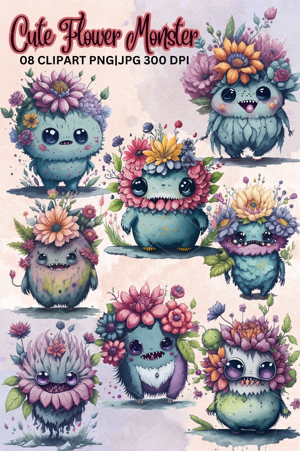 Watercolor Flower Monster Clipart pinterest preview image.