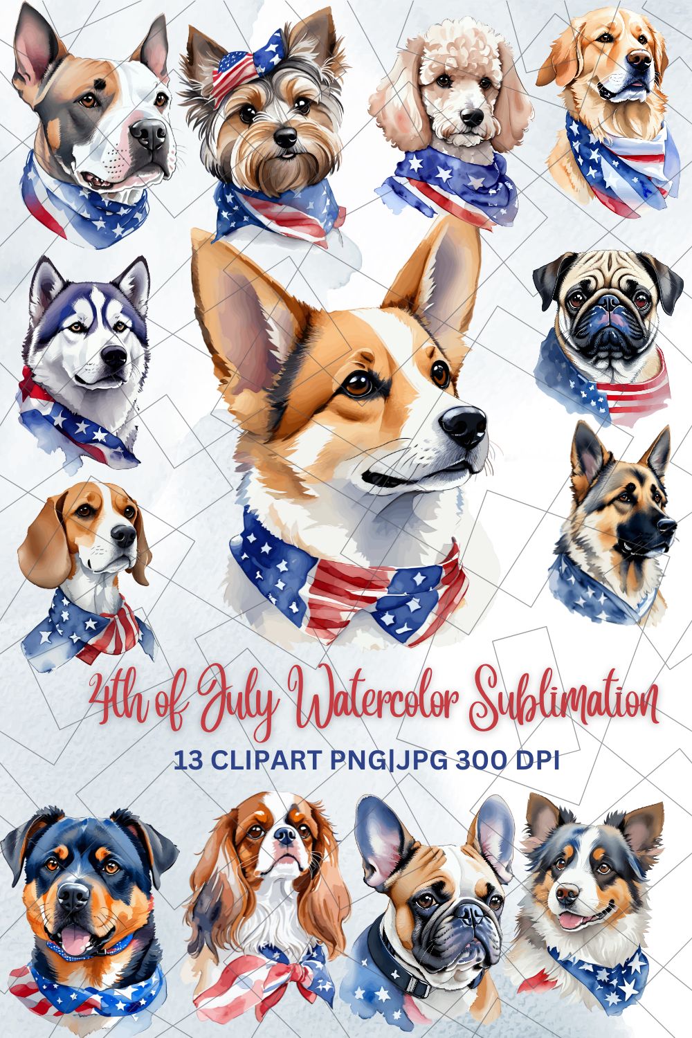 4th of July Dogs Watercolor Sublimation pinterest preview image.