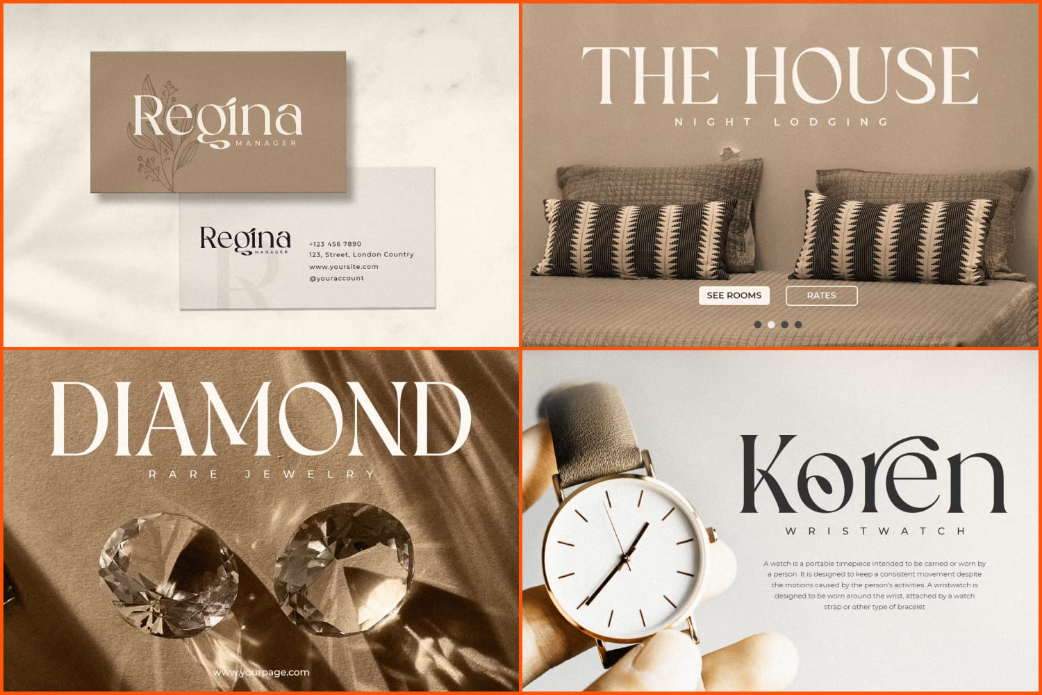 Collage of photos in beige colors with watches, pillows and diamonds.