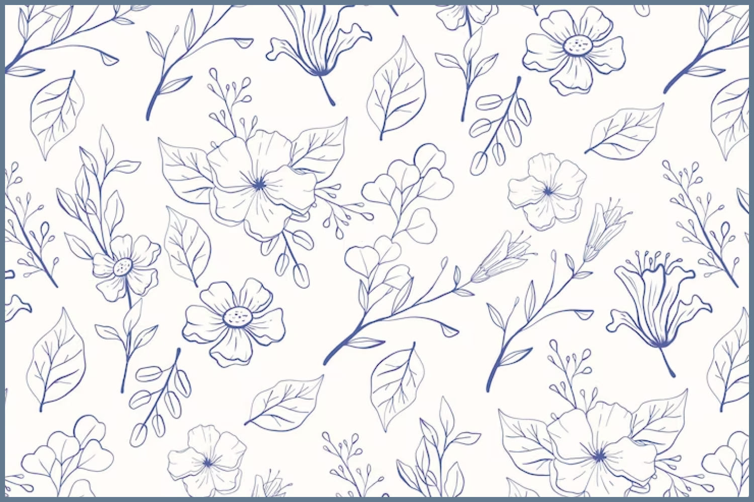 Drawn with thin lines of flowers and leaves in blue.