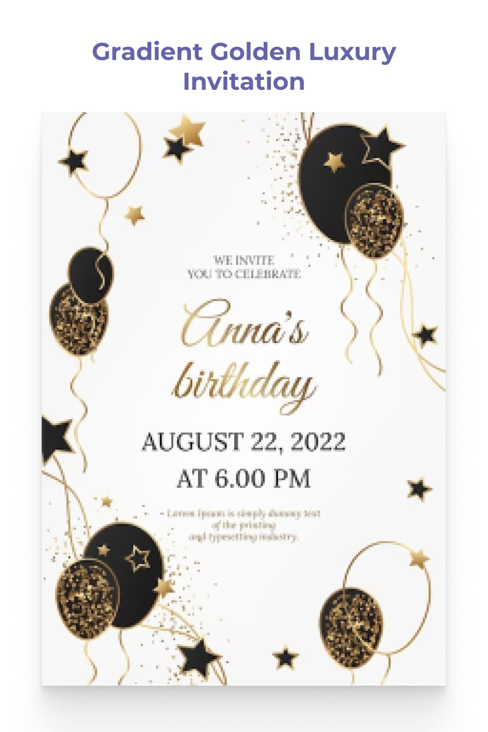 Birthday invitation with black and white balloons.