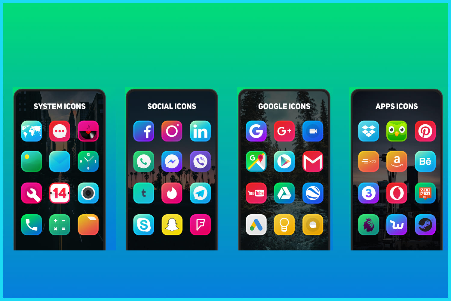 Collage of four smartphone screens with icons on them.