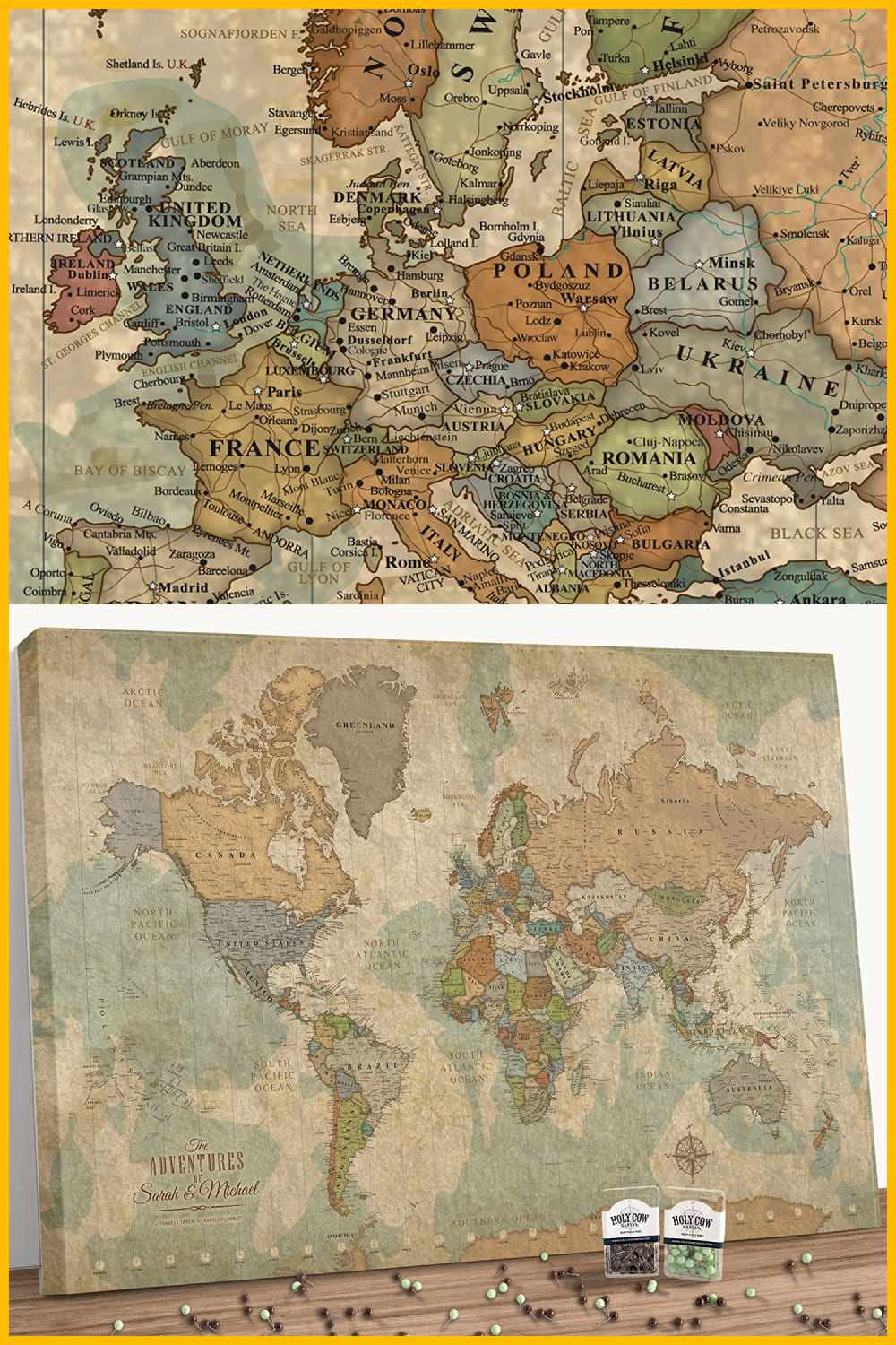 Personalized World Map on Canvas in Vintage Earth Tones.