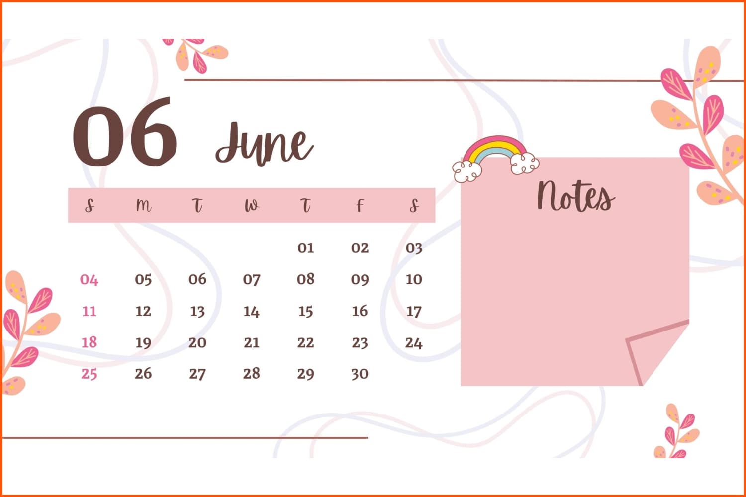 Calendar for June with drawings of twigs and a place for notes with a pink background.