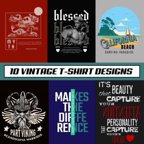 10 Vintage T-Shirt Designs Bundles JPEG Retro Collection cover image.