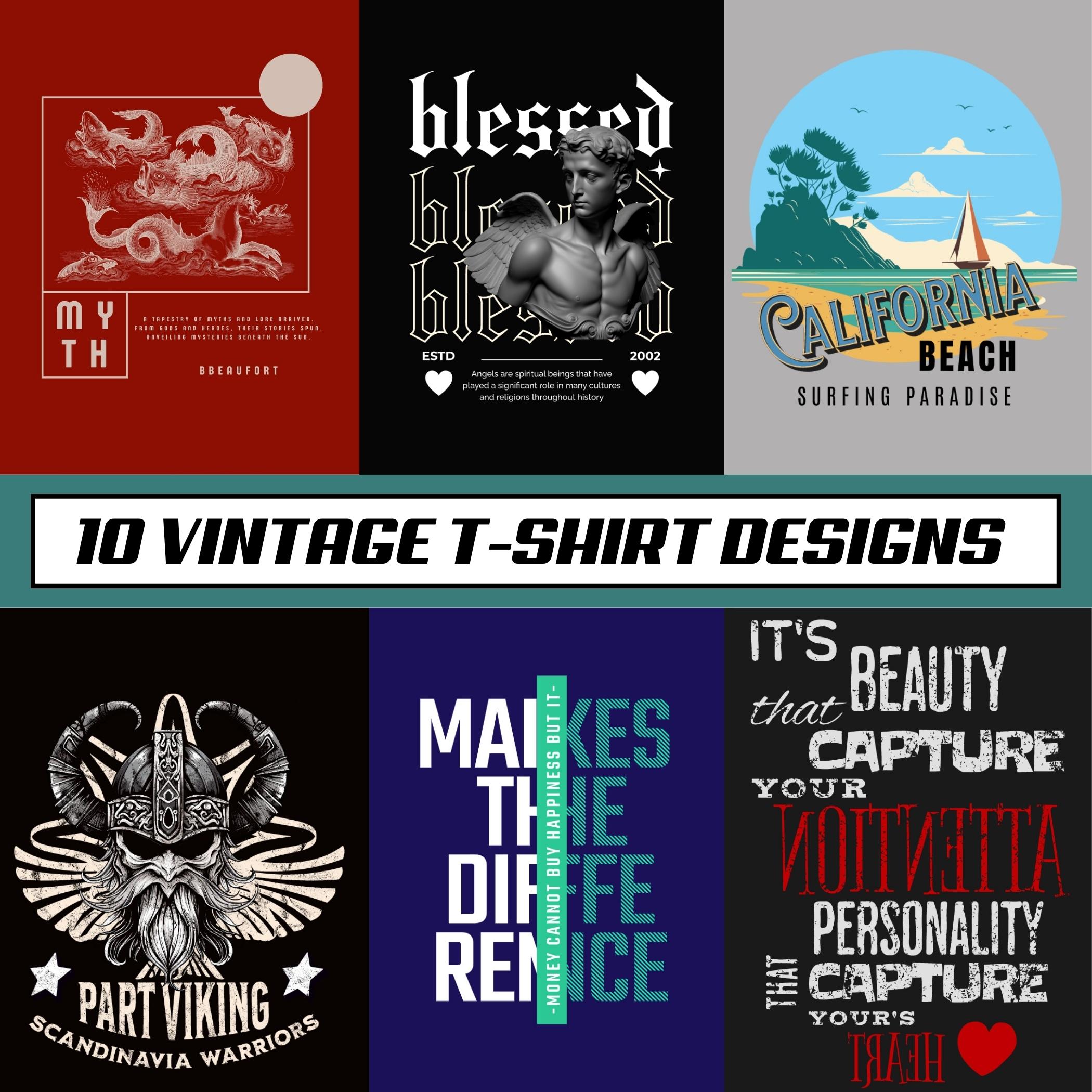 10 Vintage T-Shirt Designs Bundles JPEG Retro Collection cover image.
