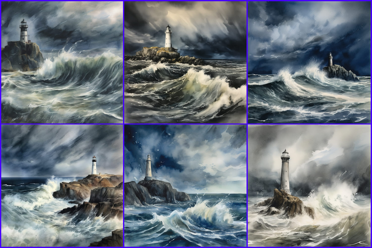 A collage of drawings of different lighthouses on the islands in a stormy sea.