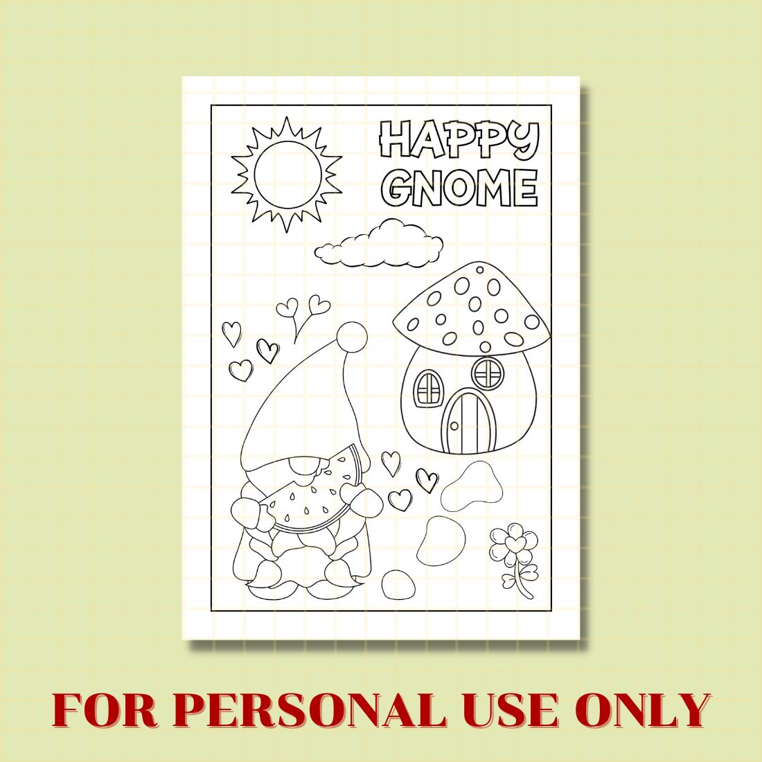 FREE HAPPY GNOME COLORING PAGE preview image.