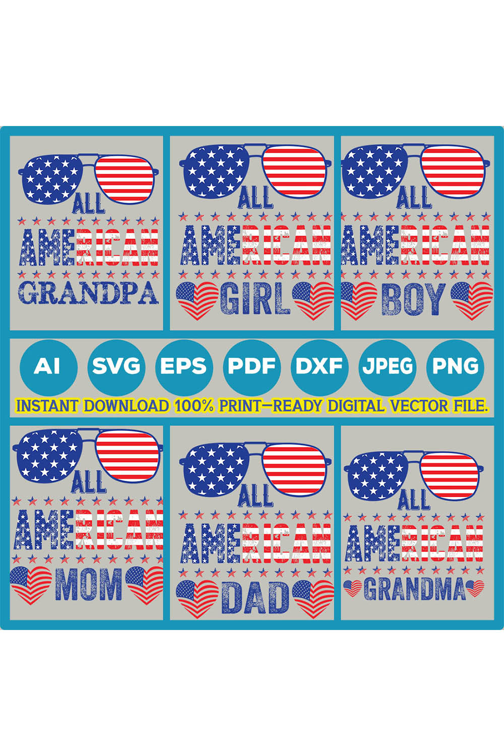 4th July All American Sublimation the Heart of the Family Quotes Bundle Vintage Typography Retro Svg Bundle T-Shirt Design Happy M4th July All American Sublimation Love is the Heart of the Family, It's All About Happy Mother Day Vintage Typography Retro Tshirt Design | Ai, Svg, Eps, Dxf, PDF, Jpeg, Png, Instant download Digital File T-Shirt Design | 100% print-ready Digital vector file pinterest preview image.