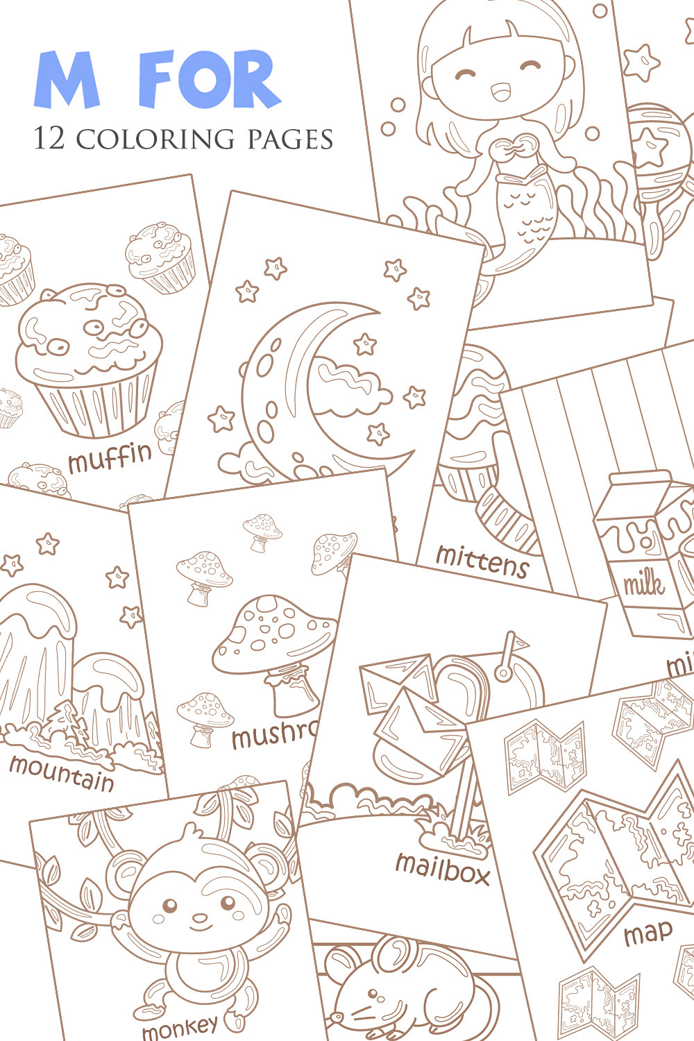 Alphabet M For Vocabulary School Letter Reading Writing Font Study Learning Student Toodler Kids Cartoon Mouse Monkey Mermaid Mountain Milk Mushroom Mittens Mailbox Moon Maracas Muffin Map Coloring Pages for Kids and Adult pinterest preview image.