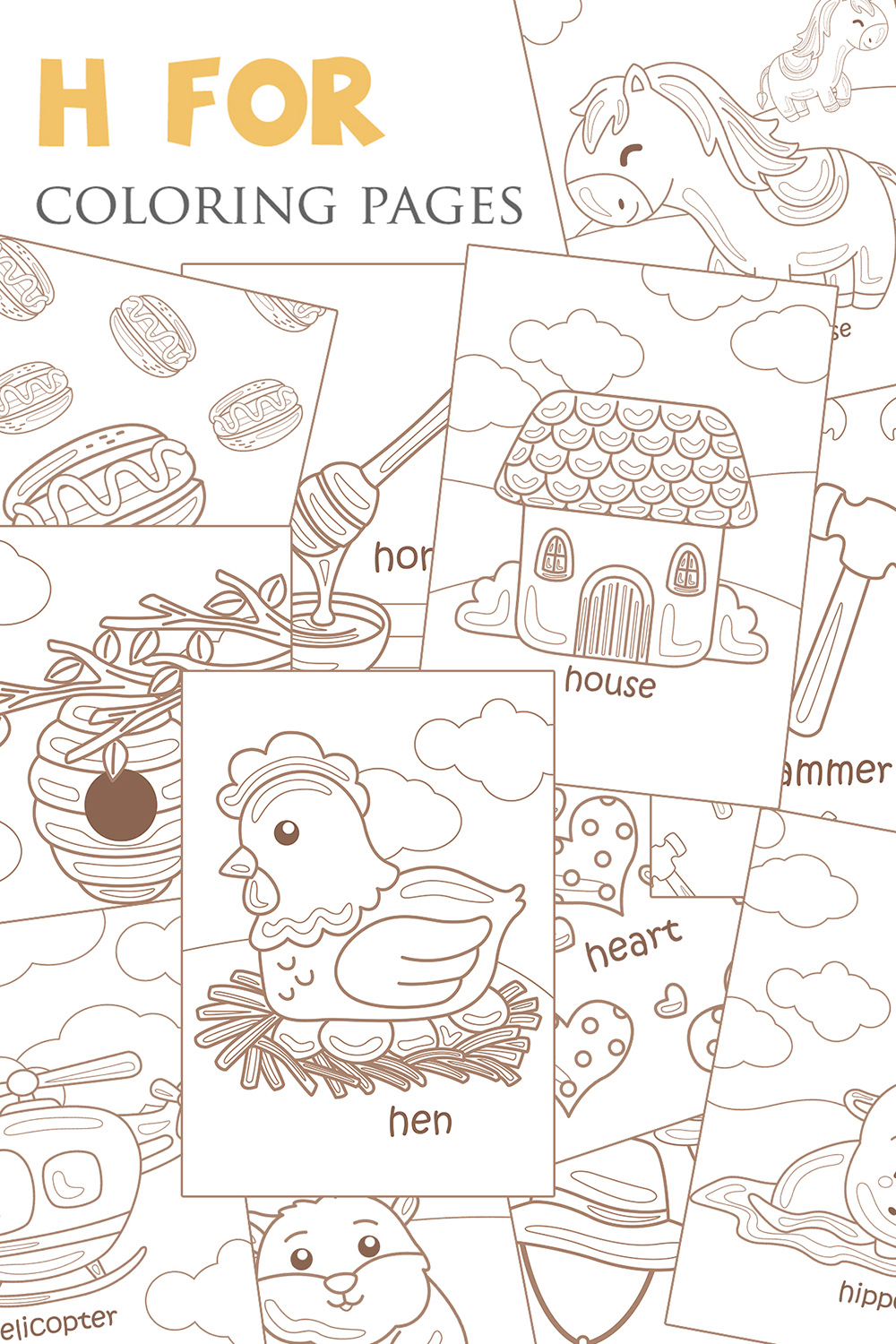 Alphabet H For Vocabulary School Letter Reading Writing Font Study Learning Student Toodler Kids Hive Hamster Heart Honey Horse House Hat Hotdog Hippo Helicopter Hen Cartoon Coloring Pages for Kids and Adult pinterest preview image.