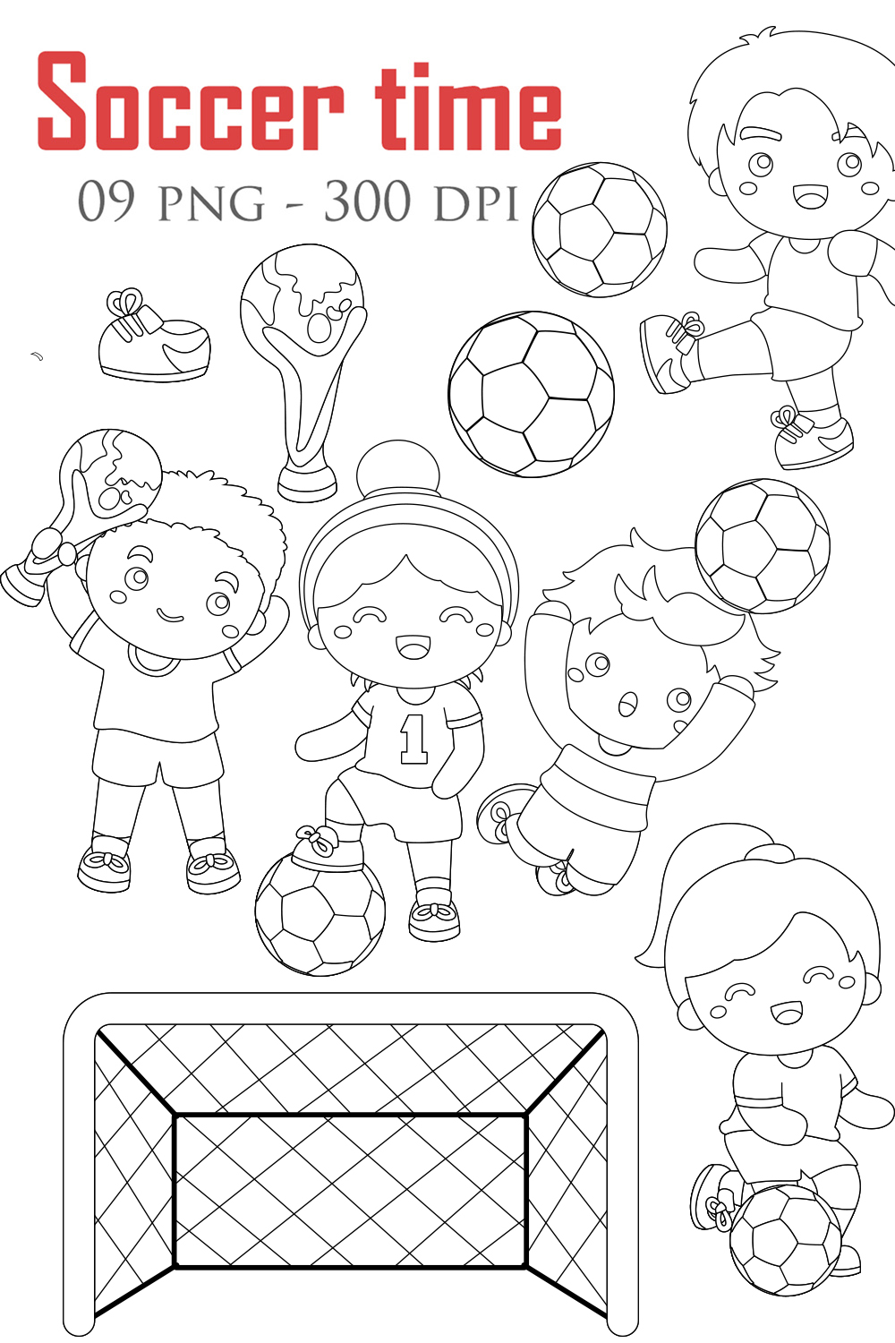 Fun Kids Playing Soccer Football Time Sport Tournament Activity School Outdoor Digital Stamp Outline pinterest preview image.