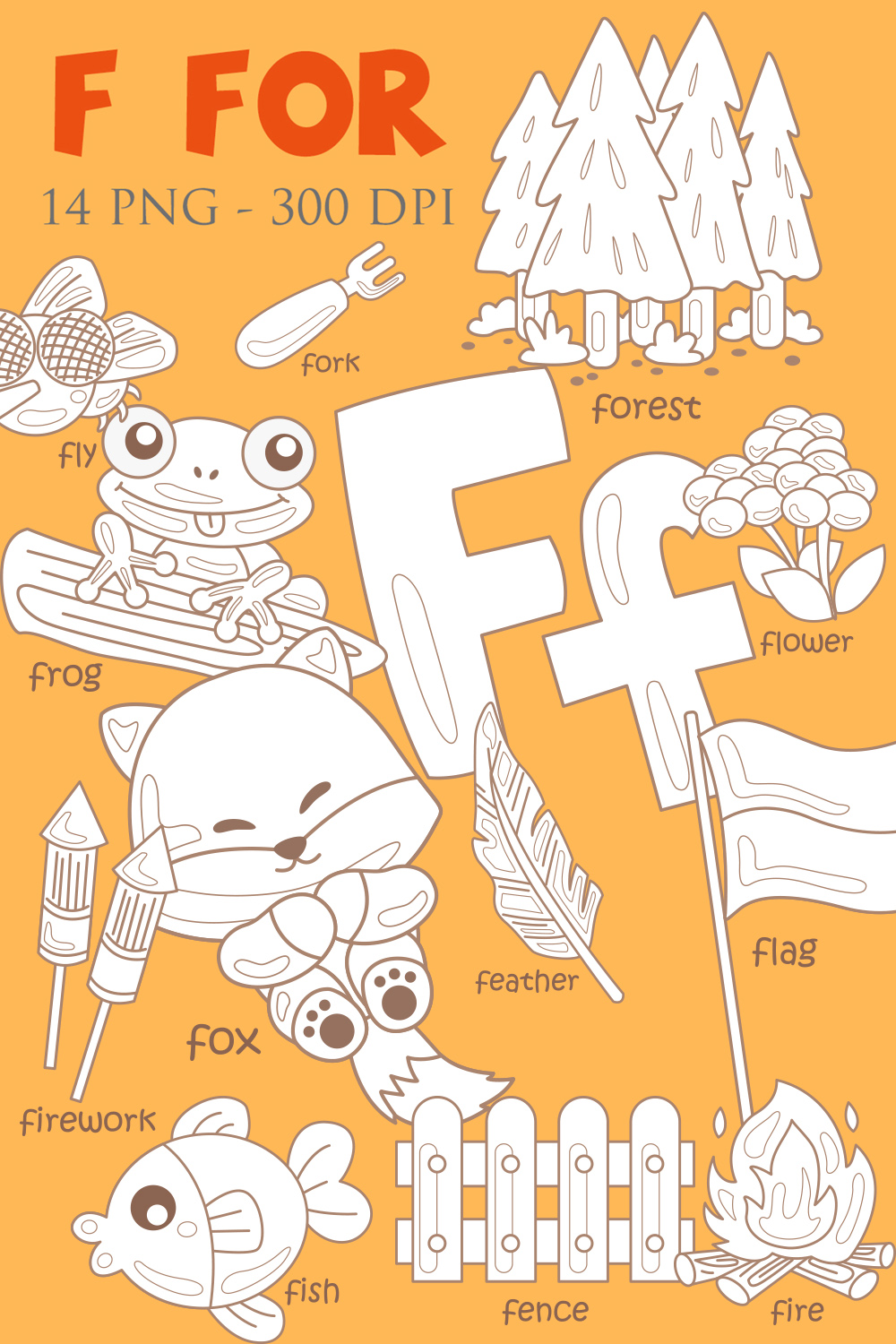 Alphabet F For Vocabulary School Letter Reading Writing Font Study Learning Student Toodler Kids Feather Fly Fence Fork Frog Fox Fire Flag Flower Fish Forest Firework Cartoon Digital Stamp Outline pinterest preview image.