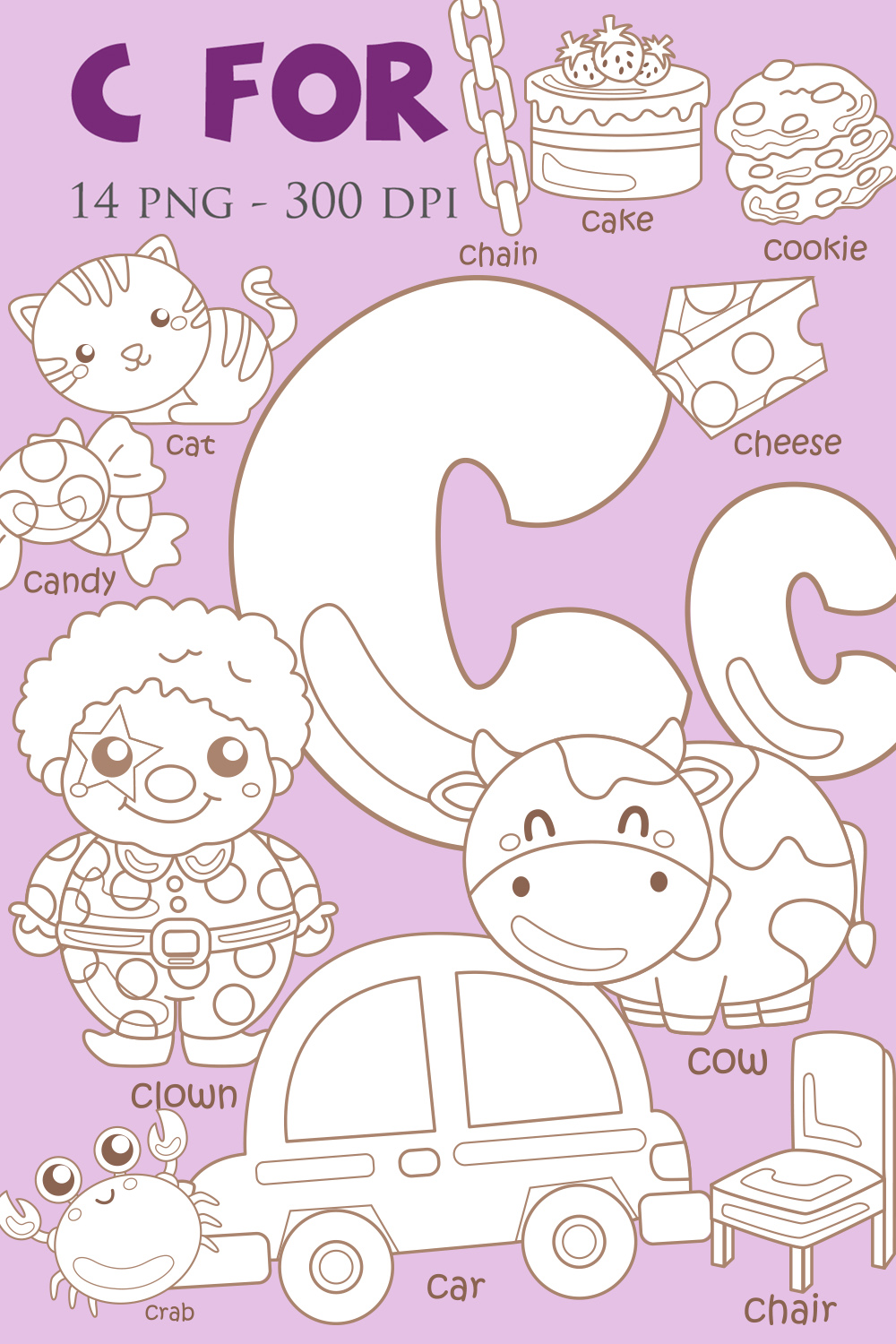 Alphabet C For Vocabulary School Letter Reading Writing Font Study Learning Student Toodler Kids Car Crab Cake Clown Cookie Cow Cactus Cheese Candy Chain Chair Cat Cartoon Digital Stamp Outline pinterest preview image.