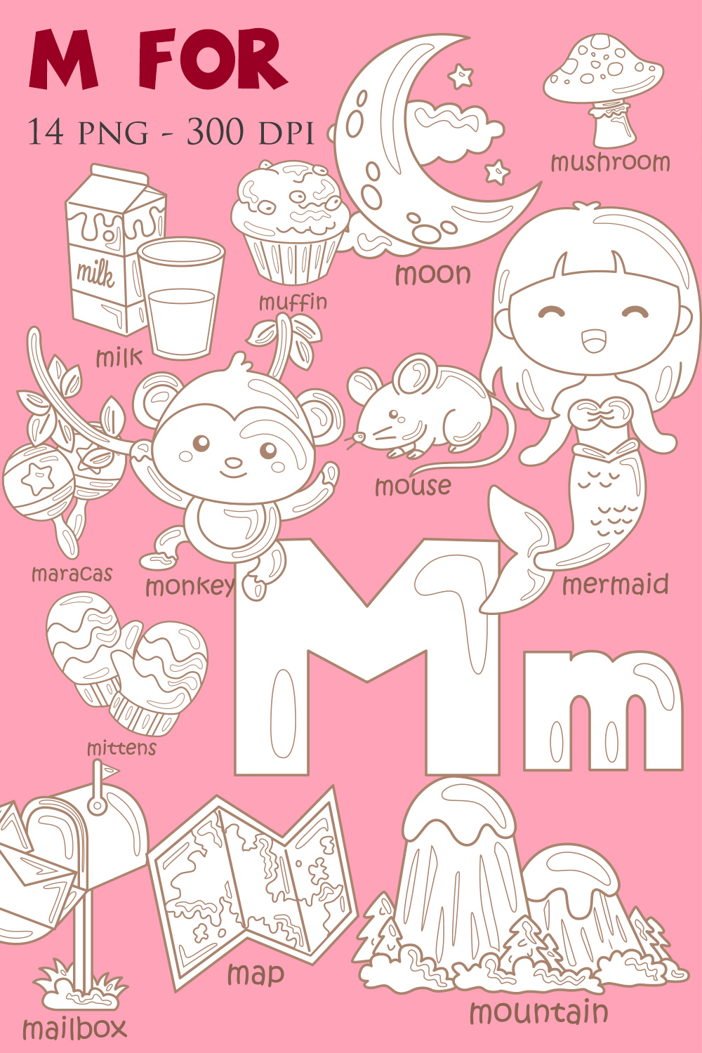 Alphabet M For Vocabulary School Letter Reading Writing Font Study Learning Student Toodler Kids Cartoon Mouse Monkey Mermaid Mountain Milk Mushroom Mittens Mailbox Moon Maracas Muffin Map Digital Stamp Outline Black and White pinterest preview image.