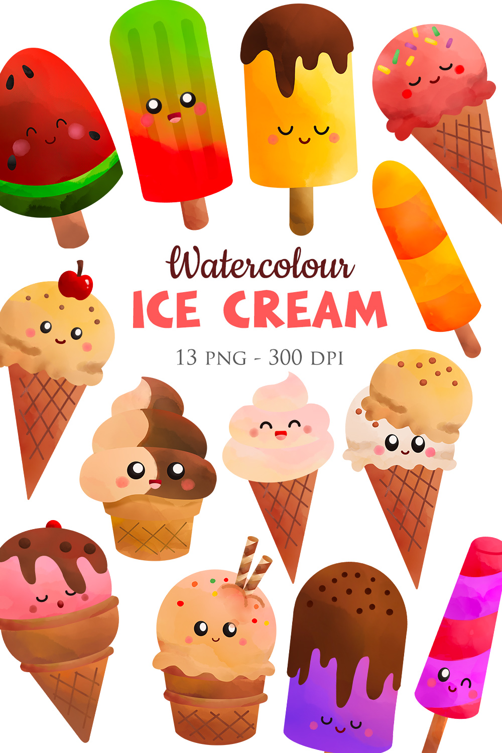 Cute Colorful Watercolour Ice Cream Cone Scoop Dessert Snack Flavored Chocolate Strawberry Fruits Lollipop Illustration Vector Clipart Cartoon pinterest preview image.