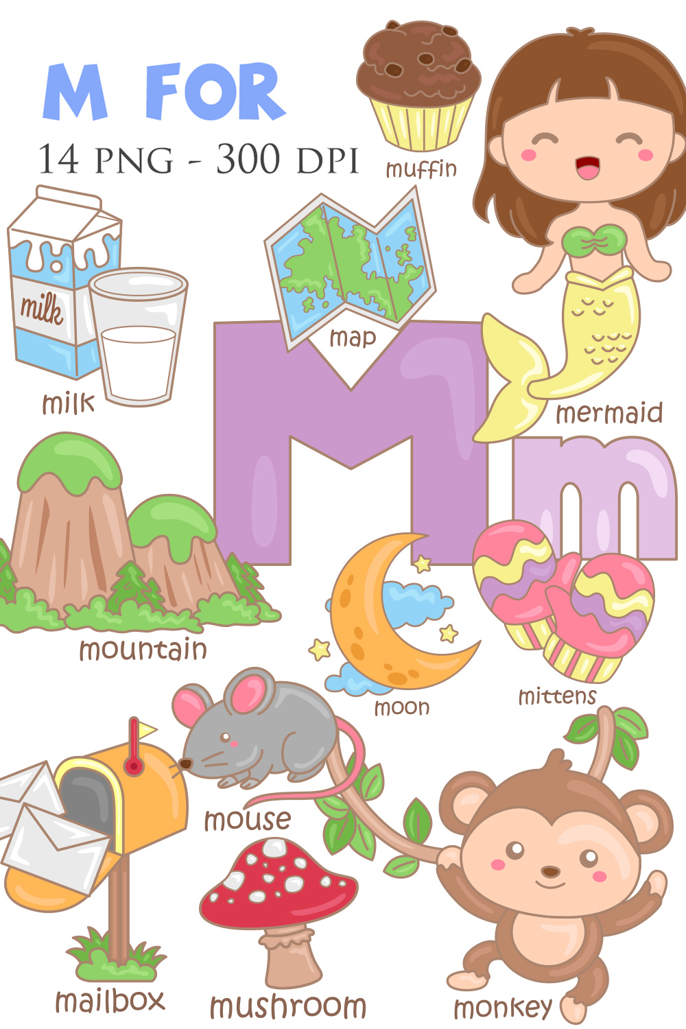 Alphabet M For Vocabulary School Letter Reading Writing Font Study Learning Student Toodler Kids Cartoon Mouse Monkey Mermaid Mountain Milk Mushroom Mittens Mailbox Moon Maracas Muffin Map Illustration Vector Clipart pinterest preview image.