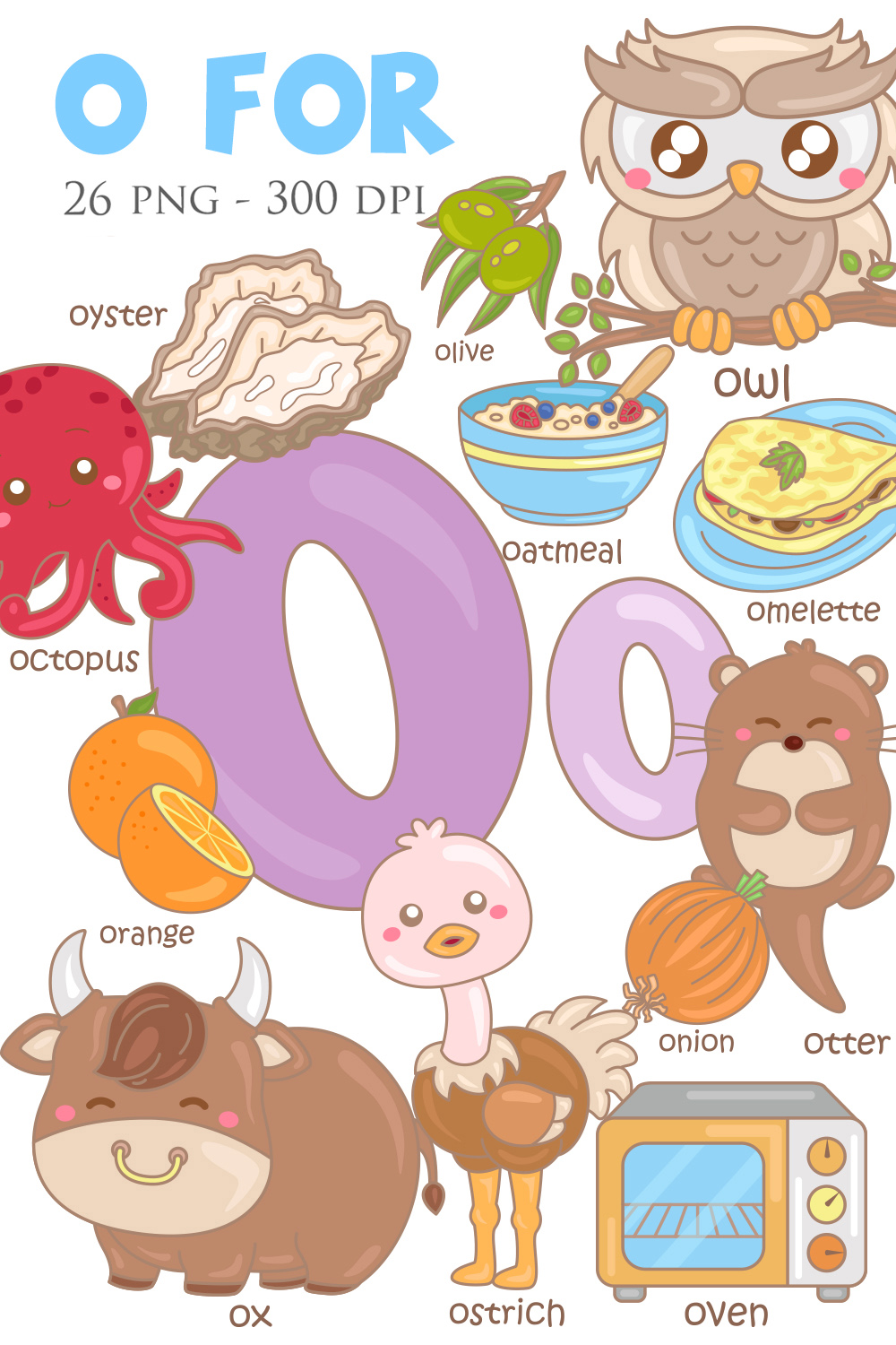 Alphabet O For Vocabulary School Letter Reading Writing Font Study Learning Student Toodler Kids Cartoon Orange Octopus Owl Oven Ox Olive Otter Oyster Onion Oatmeal Ostrich Omelette Illustration Vector Clipart pinterest preview image.