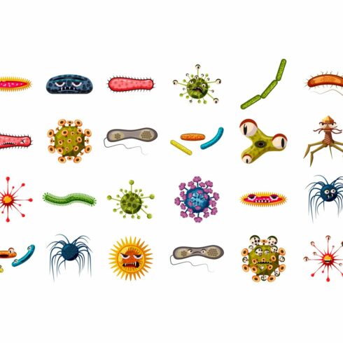 Virus icon set, cartoon style cover image.