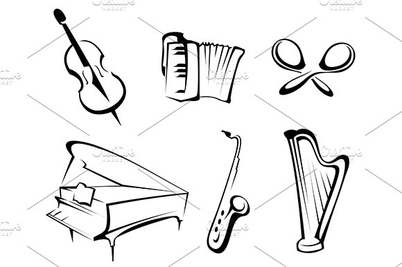Outline Sketch Acoustic And Electric Musical Instruments With Guitars,  Violin, Saxophone, Synthesizer, Drum, Banjo And Accordion For Orchestra Or  Band Emblem Design Royalty Free SVG, Cliparts, Vectors, and Stock  Illustration. Image 36610133.
