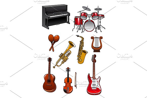 Classic musical instruments on white cover image.