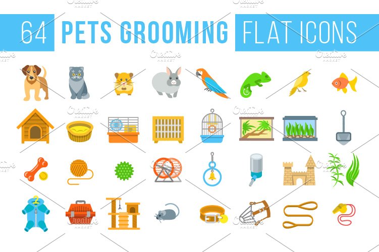 Animal Pets Grooming Flat Icons cover image.