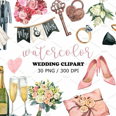 Wedding Watercolor Clipart, PNG cover image.