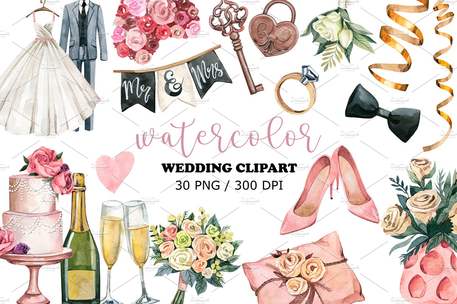Wedding Watercolor Clipart, PNG cover image.