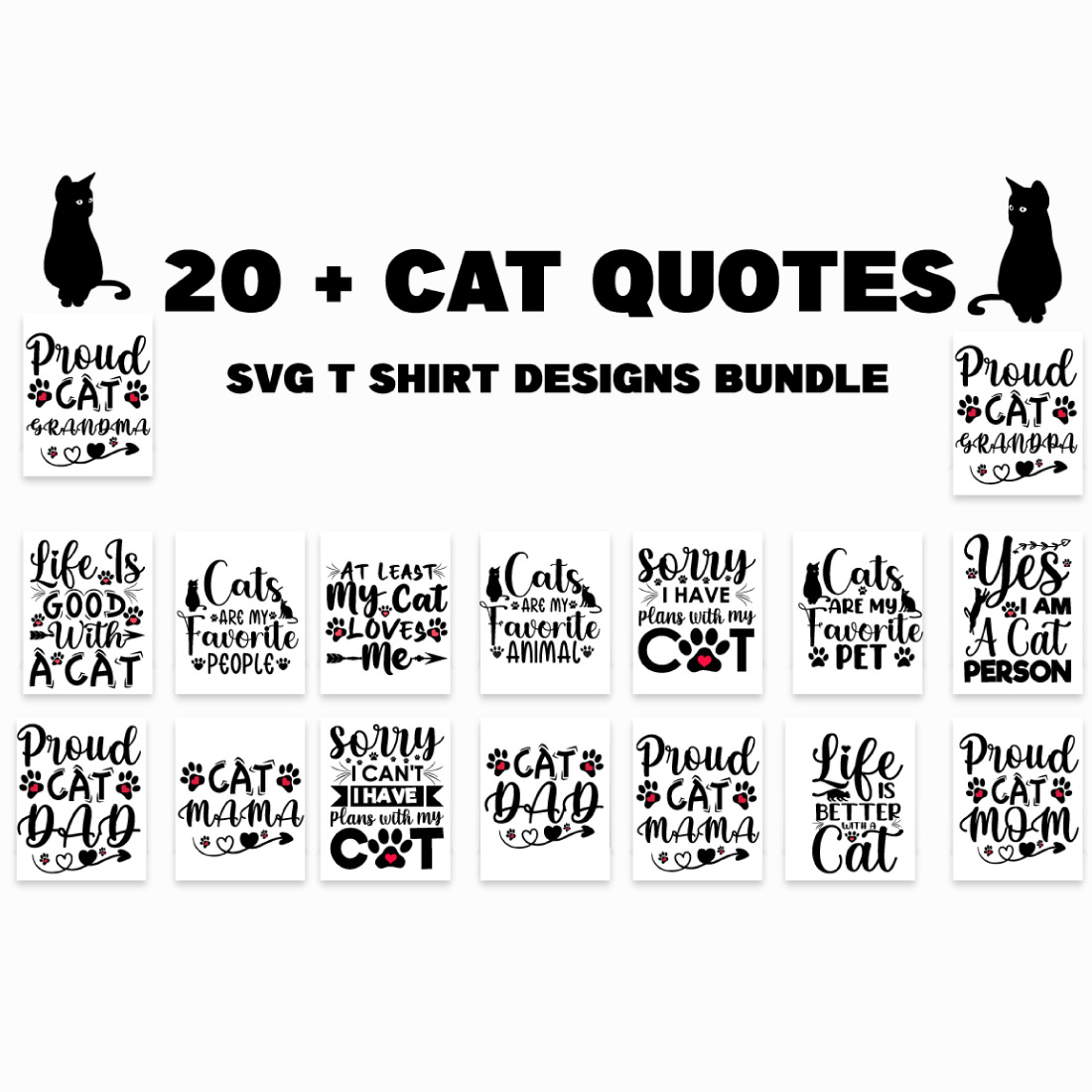 20 + cat quotes SVG t-shirt designs bundle preview image.