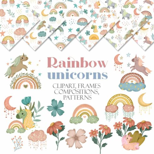Rainbow unicorn clipart pattern set cover image.