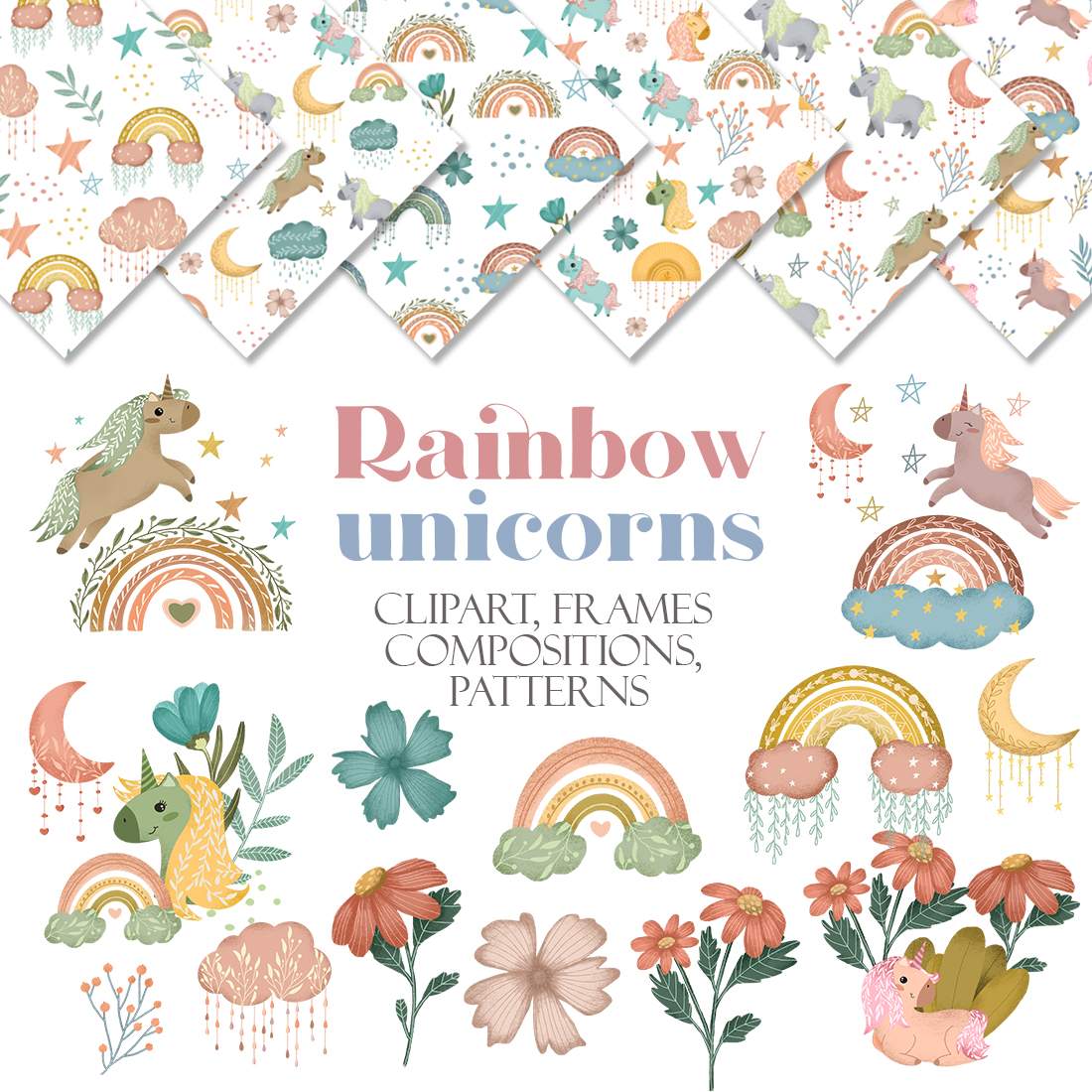 Rainbow unicorn clipart pattern set cover image.