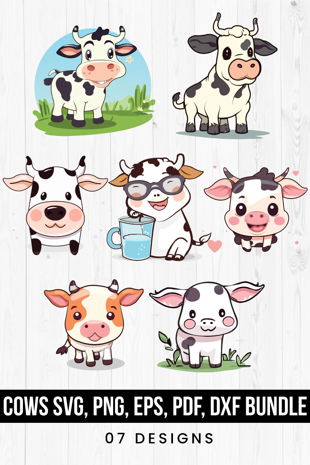 Cows Illustrations bundle SVG, PNG, EPS, PDF, DXF, Multipurpose Cow Illustrations pinterest preview image.