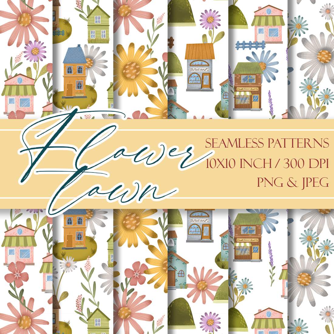 Flower town seamless pattern pack cover image.